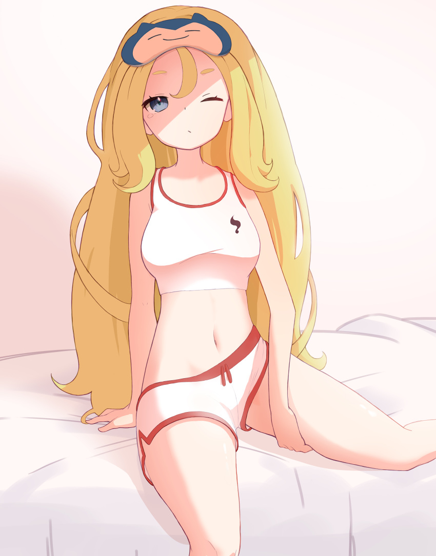 '_nadja 1girl absurdres arm_support bangs bare_arms bed_sheet blonde_hair blue_eyes breasts closed_mouth commentary_request eyelashes gen_1_pokemon hair_down hand_on_own_thigh highres korrina_(pokemon) long_hair looking_at_viewer navel one_eye_closed pokemon pokemon_(game) pokemon_xy shorts side_slit side_slit_shorts sitting snorlax solo