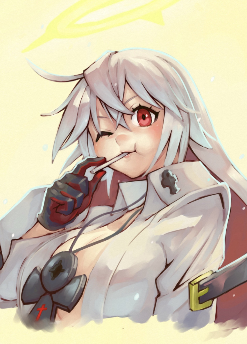 0g0nn 1girl ankh belt_buckle breasts buckle candy center_opening cleavage cropped_torso eyebrows_behind_hair food food_in_mouth from_side gloves guilty_gear hair_between_eyes halo highres jack-o'_valentine jewelry jumpsuit large_breasts lollipop long_hair looking_at_viewer multicolored_hair necklace no_bra one_eye_closed open_clothes open_jumpsuit red_eyes red_hair solo straitjacket two-tone_hair upper_body very_long_hair white_hair wing_collar