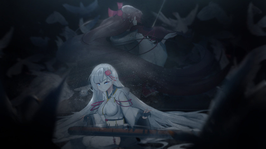 2girls absurdly_long_hair absurdres azur_lane bird black_gloves black_hair blue_eyes blurry blurry_foreground bow breasts brown_hair depth_of_field from_behind gloves hair_bow hair_ornament half_gloves highres instrument japanese_clothes kanzashi kimono koto_(instrument) long_hair looking_at_viewer medium_breasts multiple_girls music parted_lips partially_fingerless_gloves playing_instrument ringlets seiza shoukaku_(azur_lane) siblings sisters sitting thighhighs unsaynani very_long_hair violin white_hair white_kimono white_legwear wreckage zuikaku_(azur_lane)