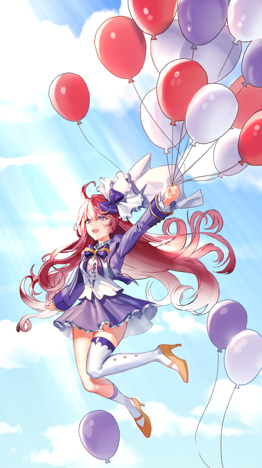 1girl absurdres ahoge asymmetrical_legwear balloon blue_sky bow character_request cloud cloudy_sky commentary_request copyright_request cropped_jacket curly_hair floating full_body hair_bow high_heels highres holding holding_balloon jacket kneehighs korean_commentary legs light_rays long_hair looking_ahead miniskirt open_mouth outstretched_arm ptaki_2 purple_bow purple_eyes purple_jacket red_hair shirt skirt sky solo thighhighs veil very_long_hair white_legwear white_shirt