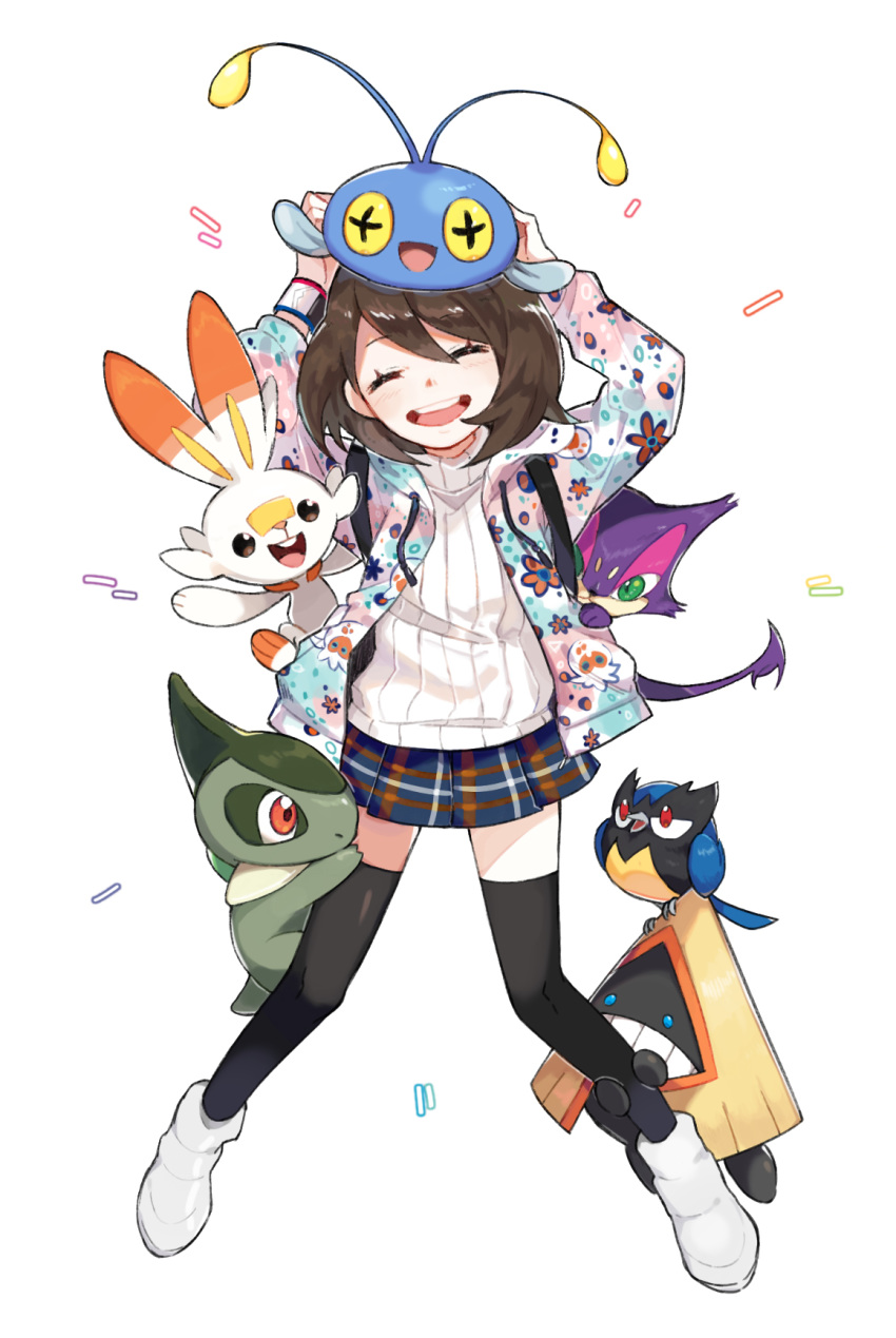 1girl alternate_costume arms_up axew bangs black_legwear brown_hair chinchou closed_eyes commentary_request dynamax_band eyelashes gen_2_pokemon gen_3_pokemon gen_5_pokemon gen_8_pokemon gloria_(pokemon) happy highres legs_apart on_head open_mouth plaid plaid_skirt pleated_skirt pokemon pokemon_(creature) pokemon_(game) pokemon_on_head pokemon_swsh purrloin q_(user_cvec4257) ribbed_sweater rookidee scorbunny shiny shiny_hair shoes short_hair skirt smile snorunt sweater teeth thighhighs tongue white_background white_footwear white_sweater