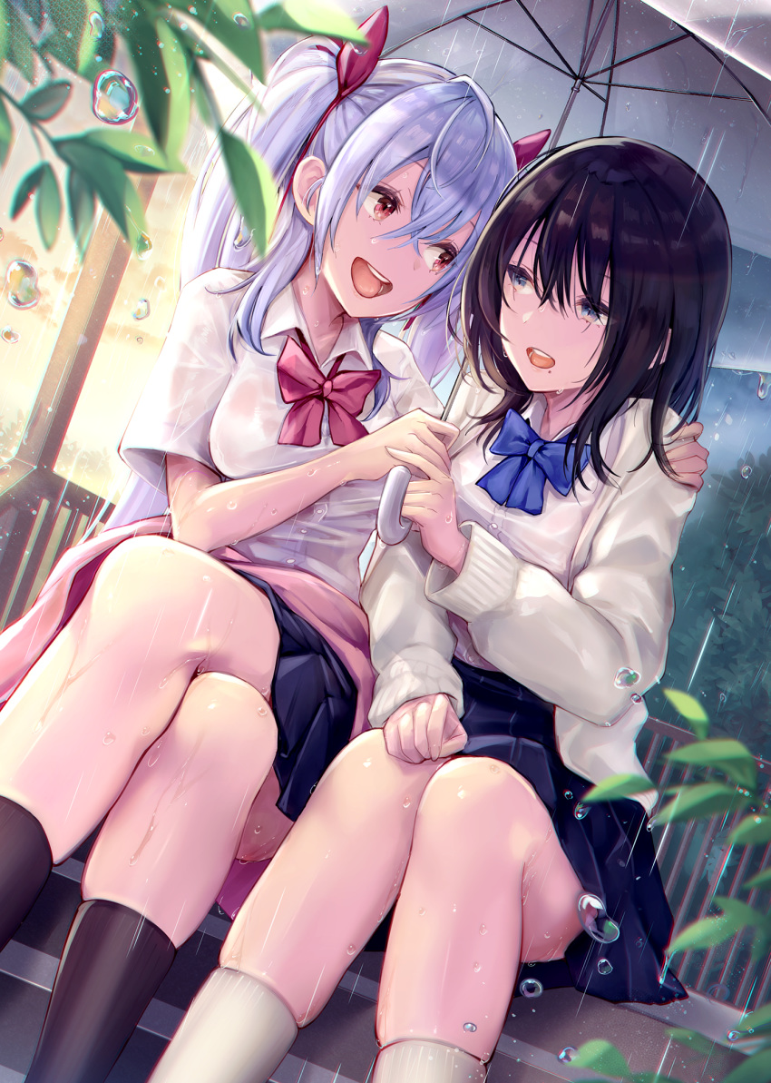 2girls :d bangs black_hair black_legwear blue_bow blue_eyes blue_neckwear blue_skirt bow bowtie branch breasts cardigan crossed_legs dress_shirt dutch_angle eye_contact eyebrows_visible_through_hair feet_out_of_frame fence friends hair_between_eyes hair_ribbon hand_on_another's_shoulder highres holding holding_umbrella legs long_hair long_sleeves looking_at_another mappaninatta medium_breasts miniskirt mole mole_under_mouth multiple_girls open_cardigan open_clothes open_mouth original pleated_skirt rain red_bow red_eyes red_neckwear red_ribbon ribbon round_teeth school_uniform see-through shared_umbrella shirt shirt_tucked_in short_sleeves silver_hair sitting skindentation skirt smile socks sweater teeth twintails umbrella upskirt wet wet_clothes wet_shirt white_cardigan white_legwear white_shirt white_sweater