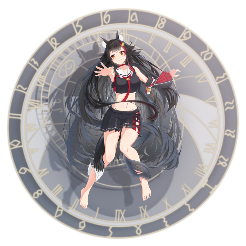 1girl absurdly_long_hair analog_clock animal_ears arm_support barefoot bell black_hair brown_eyes choker clock crop_top detached_sleeves dial full_body hair_ornament highres hololive jingle_bell legs long_hair looking_at_viewer miniskirt multicolored_hair navel ookami_mio outstretched_arm qiongyouu_dayo red_choker rope round_image runes sailor_collar shadow shimenawa skirt smile solo streaked_hair tail tail_around_leg tassel very_long_hair virtual_youtuber wolf_ears wolf_tail zodiac