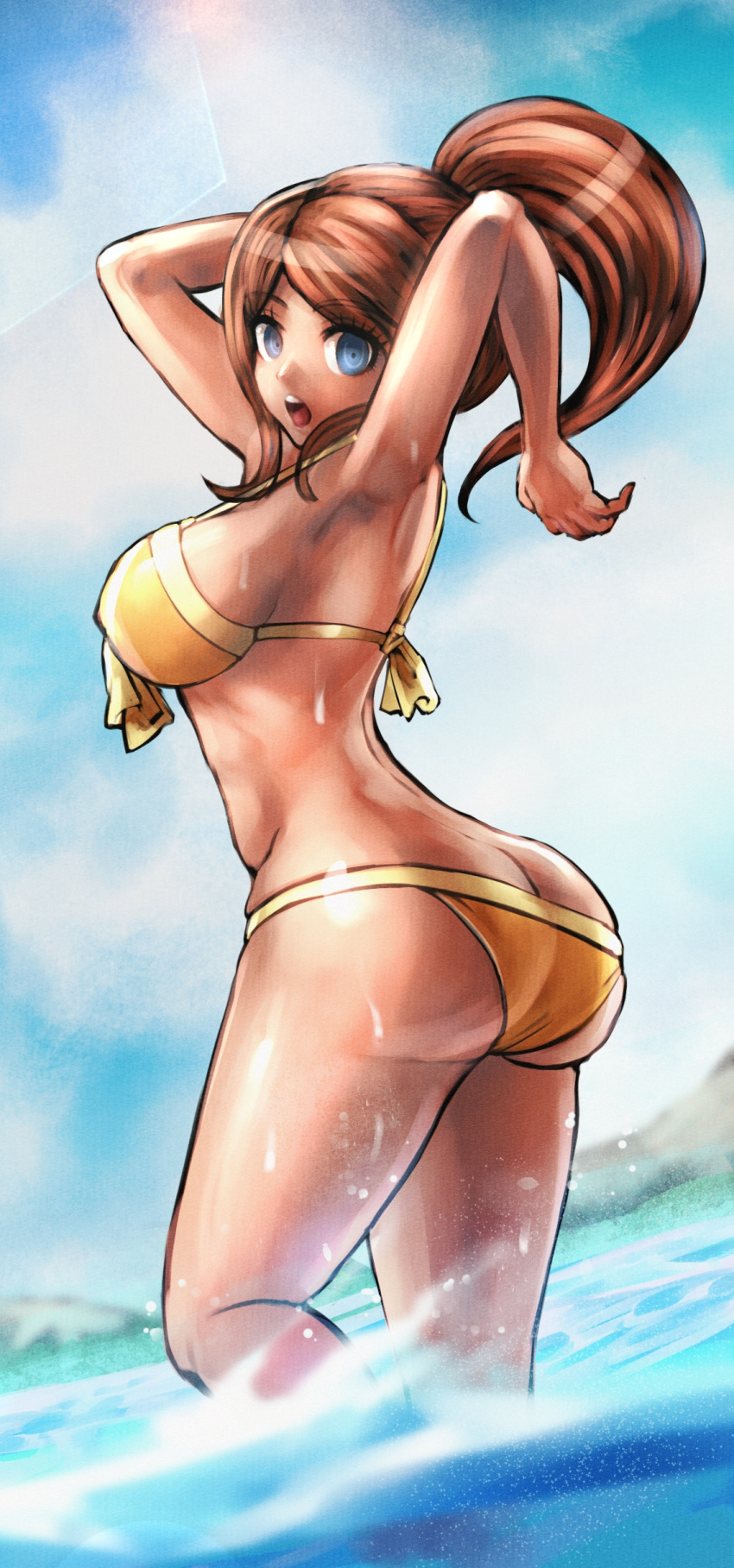 1girl absurdres asahina_aoi ass bare_shoulders beach bikini blue_eyes blue_sky breasts brown_hair cleavage danganronpa danganronpa_1 dark_skin dark_skinned_female dgrp_(minhduc12333) eyebrows_visible_through_hair green_eyes hair_between_eyes highres komatsuzaki_rui_(style) large_breasts new_danganronpa_v3 ocean open_mouth ponytail shiny shiny_hair shiny_skin silver_hair sky striped striped_bikini super_danganronpa_2 swimsuit thighs white_bikini yellow_bikini