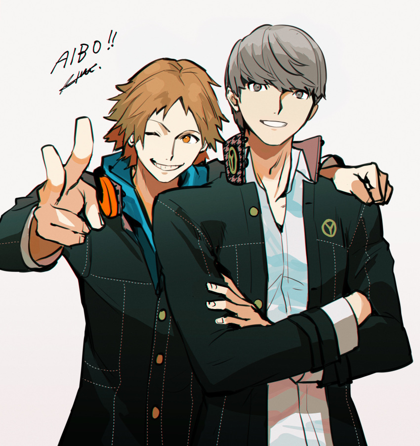 2boys absurdres arm_around_shoulder bangs black_jacket brown_eyes brown_hair btmr_game crossed_arms grey_background grey_eyes grey_hair grin hanamura_yousuke headphones headphones_around_neck high_collar highres jacket male_focus multiple_boys narukami_yuu one_eye_closed persona persona_4 school_uniform signature simple_background smile upper_body v yasogami_school_uniform