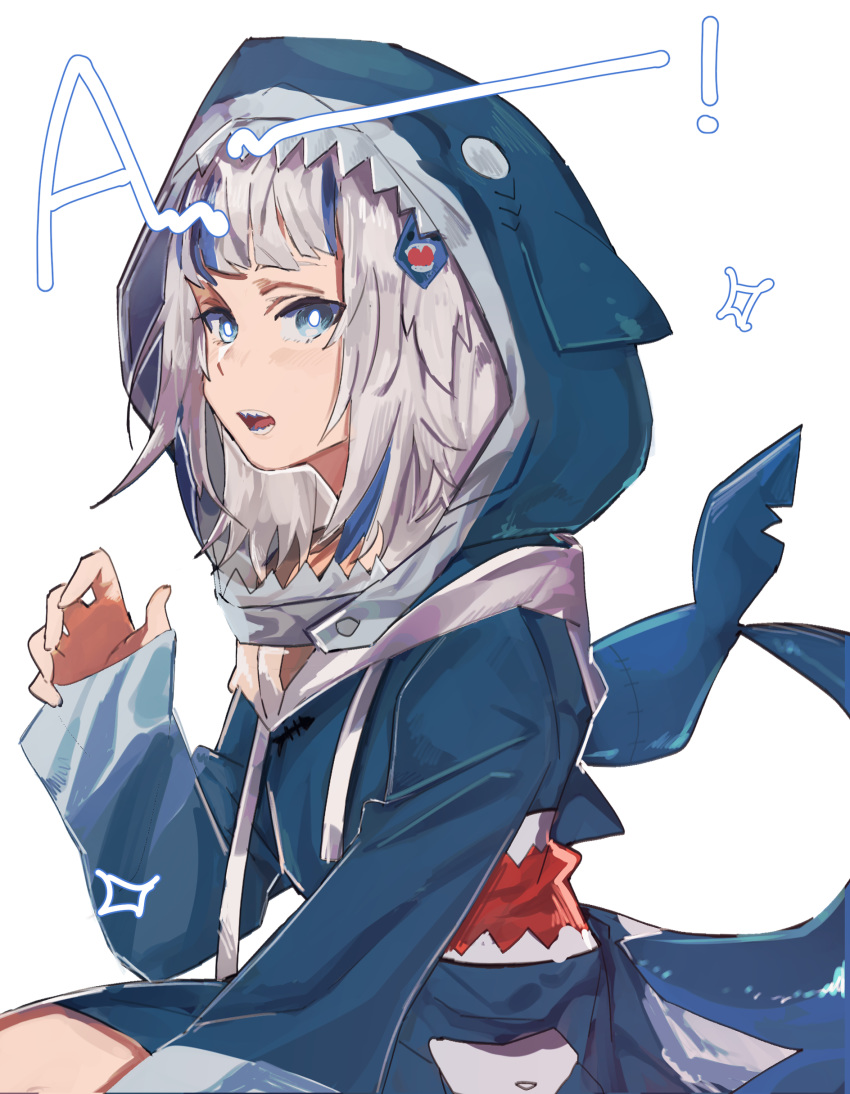 1girl a absurdres animal_costume animal_hood bangs blue_dress blue_eyes blue_hair blue_hoodie blue_jacket blunt_bangs catchphrase dress fish_tail gawr_gura hair_ornament hand_up highres hololive hololive_english hood hood_up hoodie jacket light_blush long_sleeves looking_at_viewer looking_to_the_side medium_hair multicolored_hair open_mouth shark_costume shark_girl shark_hair_ornament shark_hood shark_print shark_tail sharp_teeth sitting solo sparkle streaked_hair tail takao_(88499191) teeth upper_body virtual_youtuber white_background white_hair