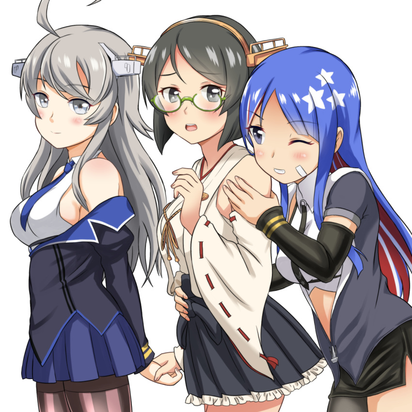 3girls ahoge bare_shoulders black_hair black_neckwear blue_eyes blue_hair blue_neckwear blue_skirt blush closed_mouth crop_top detached_sleeves elbow_gloves eyebrows_visible_through_hair glasses gloves green-framed_eyewear grey_eyes hairband headgear highres japanese_clothes kantai_collection kirishima_(kantai_collection) long_hair multicolored_hair multiple_girls necktie nontraditional_miko one_eye_closed open_mouth pencil_skirt pleated_skirt red_hair remodel_(kantai_collection) ribbon-trimmed_sleeves ribbon_trim shirt short_hair silver_eyes silver_hair simple_background skirt sleeveless sleeveless_shirt smile south_dakota_(kantai_collection) star_(symbol) tsukemon upper_teeth washington_(kantai_collection) white_background white_hair white_shirt wide_sleeves