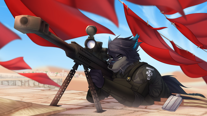 16:9 amarihel anthro armor canid canine canis clothed clothing desert detailed_background digital_media_(artwork) fully_clothed fur grey_hair gun hair hi_res holding_object holding_weapon male mammal markings military multicolored_body multicolored_eyes multicolored_fur ranged_weapon rifle sniper sniper_rifle solo weapon widescreen wolf