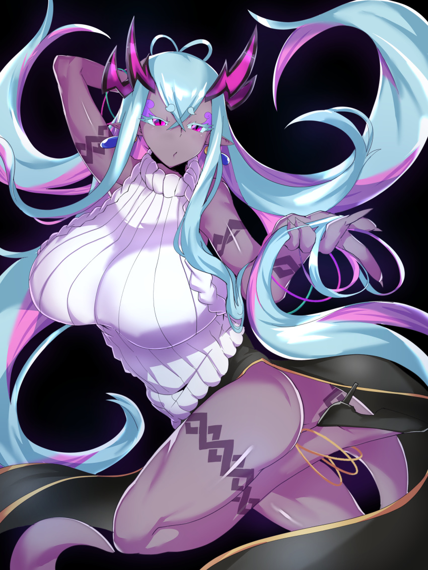 1girl aqua_hair aran_sweater arm_behind_head blown_kiss breasts colored_eyelashes colored_skin dark_skin dark_skinned_female earrings fate/grand_order fate_(series) grey_skin high_heels highres horns ibuki_douji_(fate) jewelry large_breasts long_hair makeup multicolored_hair pink_hair pointy_ears ribbed_sweater short_eyebrows sleeveless sleeveless_sweater sleeveless_turtleneck solo sweater tail turtleneck two-tone_hair zetsu_(zyej5442)