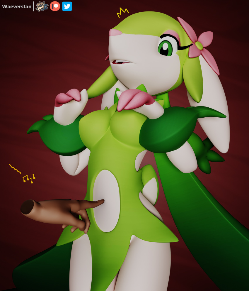 3d_(artwork) anthro belly breasts cervid digital_media_(artwork) disembodied_hand elemental_creature fak&eacute;mon fan_character faunazon female flower fur green_eyes hi_res hooves looking_down magnaomega mammal nintendo pink_hooves pivoted_ears plant pok&eacute;mon simple_background solo surprised_face video_games waeverstan white_body white_fur