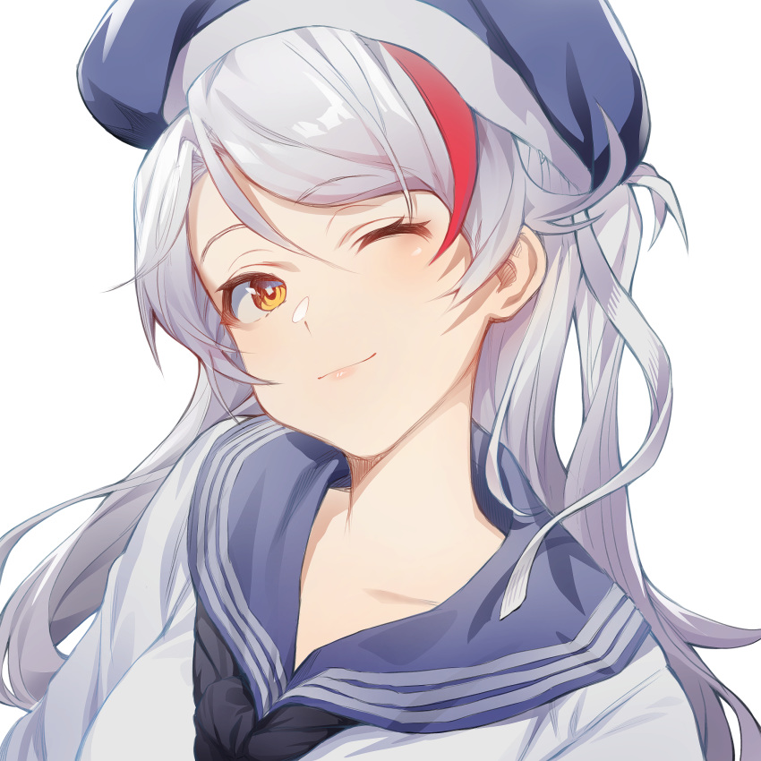 1girl ;) azur_lane bangs black_neckwear blue_headwear blue_sailor_collar brown_eyes closed_mouth collarbone commentary_request eyebrows_visible_through_hair hair_between_eyes hat head_tilt highres long_hair looking_at_viewer multicolored_hair neckerchief one_eye_closed prinz_eugen_(azur_lane) red_hair sailor_collar sailor_hat shinidei shiny shiny_hair shirt silver_hair simple_background smile solo streaked_hair swept_bangs upper_body white_background white_shirt