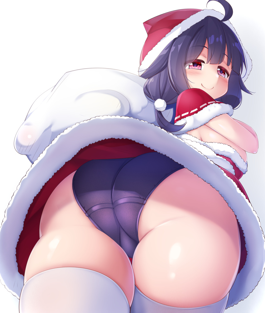 1girl absurdres ahoge ass ass_focus bare_arms black_panties blush breasts capelet christmas commentary_request cowboy_shot from_behind from_below fur_trim hair_ornament hairband hat highres kantai_collection kurokoshou_(emuburemu123) large_breasts long_hair looking_at_viewer low_twintails panties purple_hair red_capelet red_eyes red_headwear remodel_(kantai_collection) ryuuhou_(kantai_collection) sack santa_costume santa_hat skindentation smile solo taigei_(kantai_collection) thick_thighs thigh_gap thighhighs thighs twintails underwear white_legwear