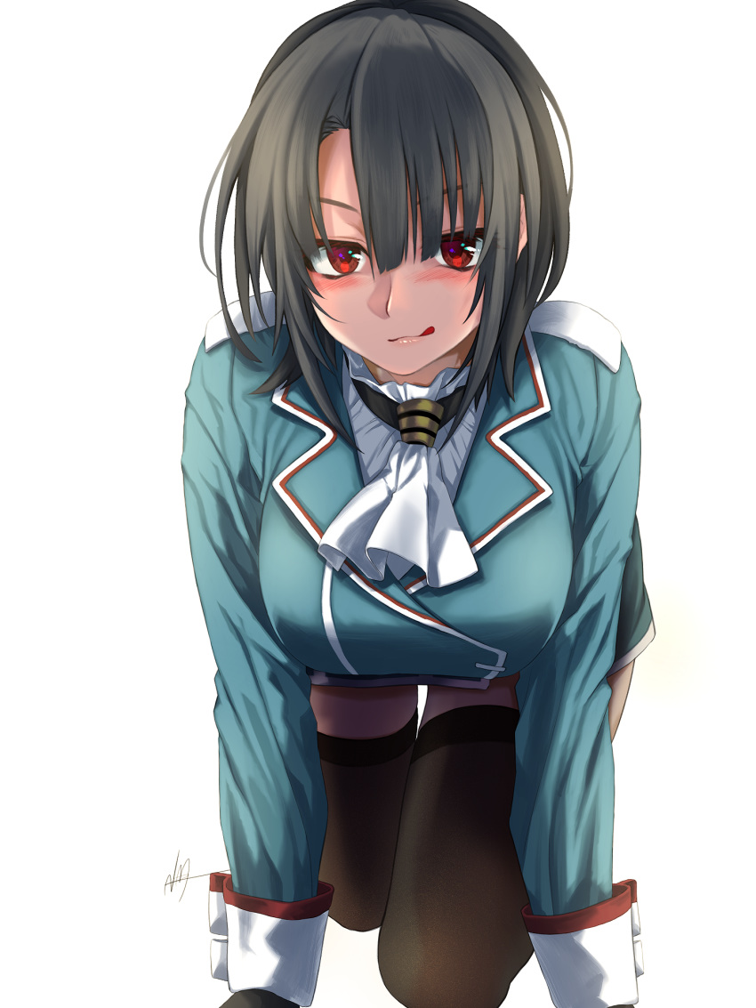 1girl all_fours black_gloves black_hair black_legwear breasts gloves highres kantai_collection large_breasts licking_lips long_sleeves looking_at_viewer military military_uniform nmz_(namazu) red_eyes short_hair simple_background solo takao_(kantai_collection) thighhighs tongue tongue_out uniform white_background