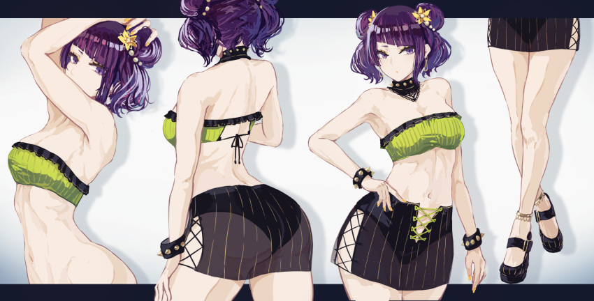 1girl ass bandeau bangs bare_shoulders bikini bikini_top black_skirt bracelet brown_flower closed_mouth diagonal_bangs double_bun flower green_bikini hair_flower hair_ornament highres idolmaster idolmaster_shiny_colors jewelry letterboxed looking_at_viewer minyom multiple_views navel pleated_skirt purple_eyes purple_hair skirt spiked_bracelet spikes strapless strapless_bikini swimsuit tanaka_mamimi tubetop