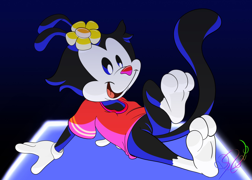 absurd_res animaniacs anthro bottomless breasts clothed clothing domestic_cat dot_warner felid feline felis female hi_res inkblot lobofeo mammal pinup_pose solo spread_legs spreading wallpaper warner_brothers