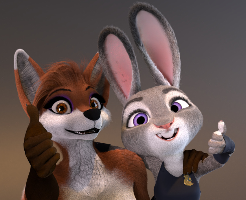 3d_(artwork) anthro brow_eyes brown_background canid canine digital_media_(artwork) disney duo female female/female fox judy_hopps lagomorph leporid mammal pose purple_eyes rabbit ruaidri simple_background titord zootopia