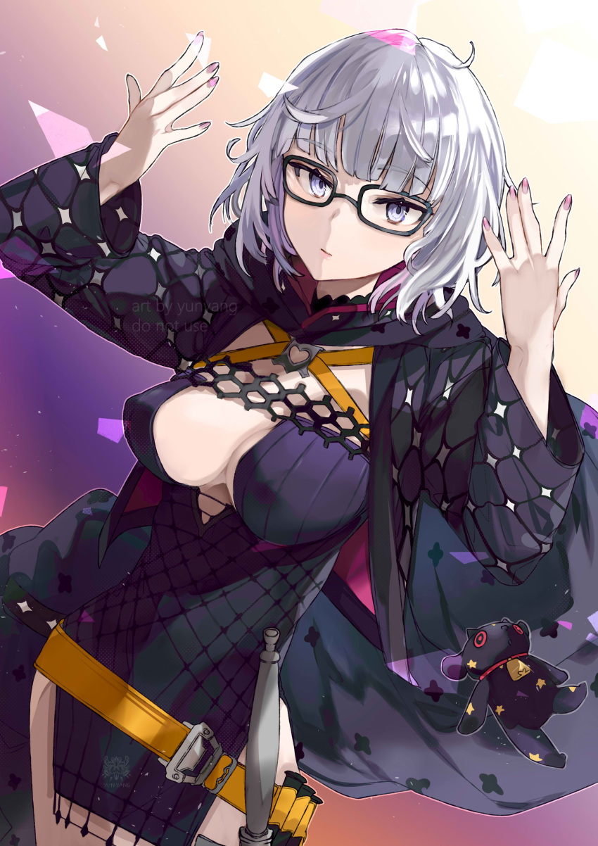 1girl absurdres artist_name bangs belt black_dress black_jacket blue_eyes breasts cleavage cropped_jacket datyun dress fate/grand_order fate_(series) glasses grey_hair highres hood hooded_jacket jacket jacques_de_molay_(foreigner)_(fate) lamb large_breasts long_sleeves looking_at_viewer open_clothes open_jacket short_dress short_hair sword thighs watermark weapon