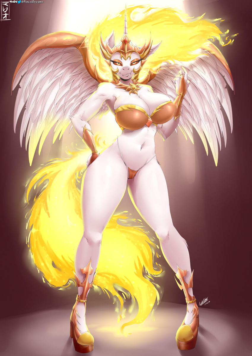 2020 absurd_res anthro anthrofied big_breasts breasts cleavage clothed clothing daybreaker_(mlp) equid female fingers friendship_is_magic hand_on_hip hasbro hi_res horn looking_at_viewer mammal my_little_pony navel signature skimpy solo standing viejillox winged_unicorn wings