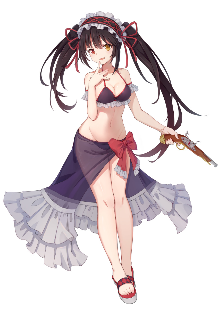 1girl absurdres black_hair breasts cleavage clock_eyes commentary_request date_a_live full_body gun hairband heterochromia highres holding holding_gun holding_weapon lolita_hairband long_hair looking_at_viewer medium_breasts navel open_mouth red_eyes sandals sarong see-through smile solo standing symbol-shaped_pupils tokisaki_kurumi twintails uneven_twintails user_wewj3337 weapon yellow_eyes