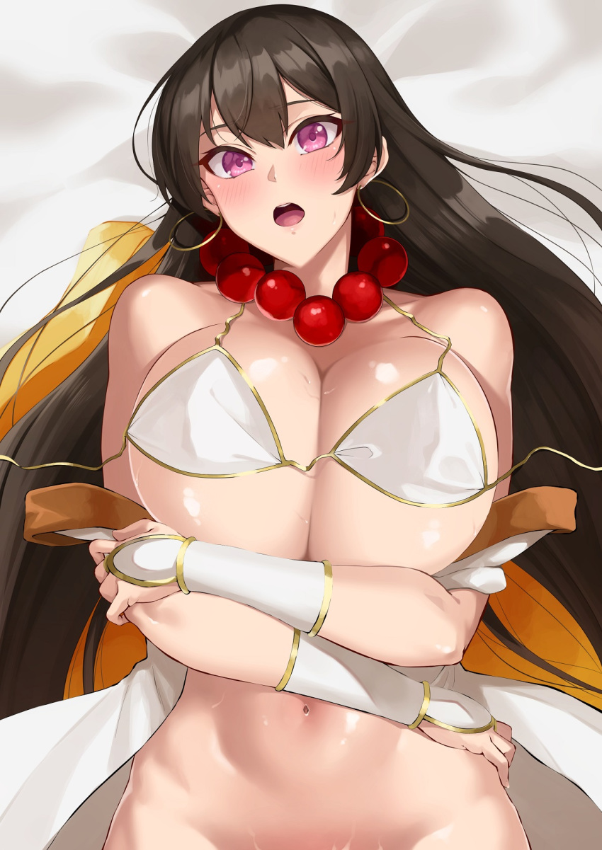 1girl asakura_kukuri bangs bare_shoulders bead_necklace beads bikini breasts bridal_gauntlets brown_hair cleavage detached_sleeves fate/grand_order fate_(series) hair_between_eyes highres jewelry large_breasts long_hair looking_at_viewer lying navel necklace off_shoulder on_back open_mouth prayer_beads purple_eyes swimsuit white_bikini xuanzang_(fate/grand_order)