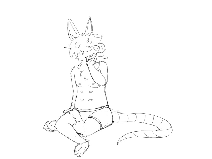 4:3 anthro clothed clothing crossed_legs didelphid hair hair_over_eye hairless_tail hi_res keysquid male mammal marsupial monochrome multi_nipple nipples one_eye_obstructed scratching_neck simple_background sketch solo underwear underwear_only virginia_opossum