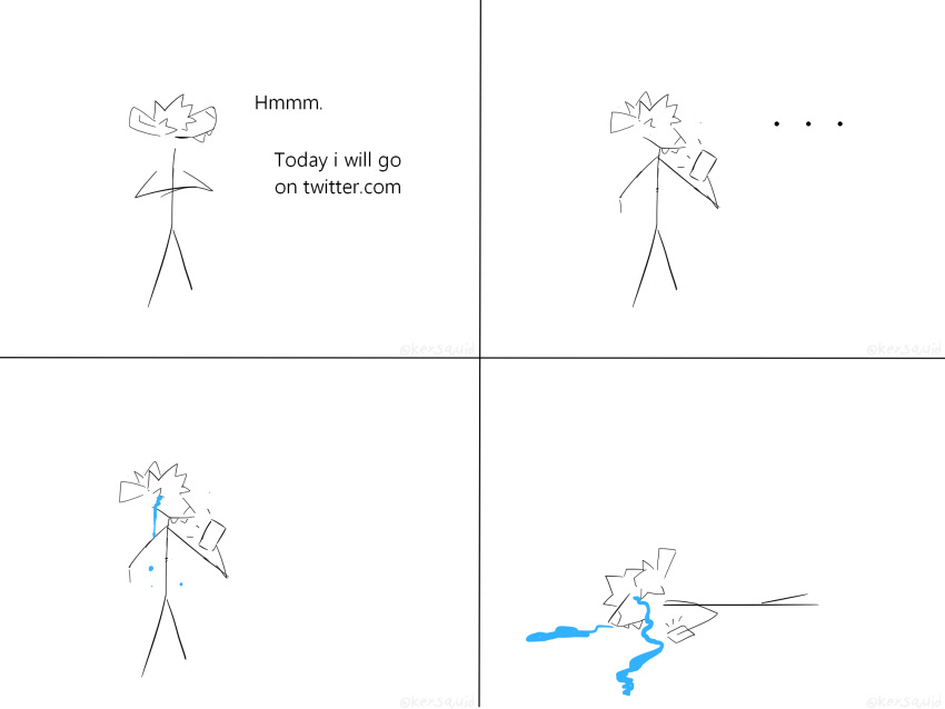 4-panel 4:3 4_panel_comic ambiguous_gender ambiguous_species anthro bodily_fluids comic crossed_arms crying dialogue english_text fangs hi_res holding_object holding_phone humor keysquid lying meme on_front on_the_ground phone smile solo stick_figure tears text url water