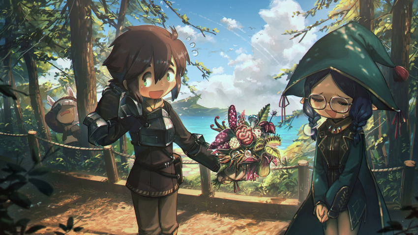 1boy 2girls absurdres animal_ears arm_behind_head armor blue_hair bouquet braid breastplate brown_hair carnivorous_plant closed_eyes cloud cloudy_sky eyeball facepalm fantasy flower forest fur glasses green_eyes highres multiple_girls mushroom nature ocean original pitcher_plant plant pointy_ears porforever sky sweatdrop tree white_hair you're_doing_it_wrong
