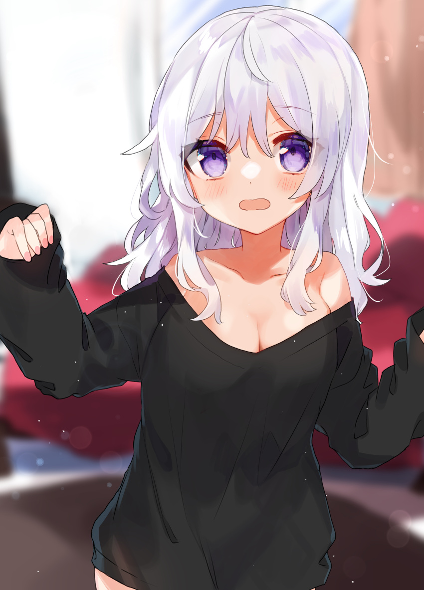 1girl absurdres bare_shoulders black_sweater blurry blurry_background breasts cleavage highres light_particles long_sleeves loose_clothes medium_hair noi_mine open_mouth original purple_eyes sweater white_hair