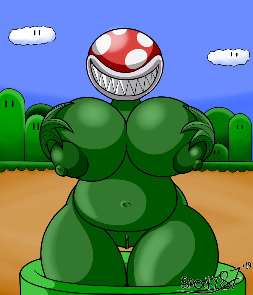 absurd_res anthro big_breasts blue_sky breasts chubby_female cloud elemental_creature female flora_fauna genitals green_body grin hand_on_breast hi_res holding_breast huge_breasts humanoid mammal mario_bros nintendo nipples not_furry nude outside overweight overweight_female pipe piranha_plant plant pussy sky slightly_chubby smile solo spocky87 standing teeth thick_thighs video_games wide_hips