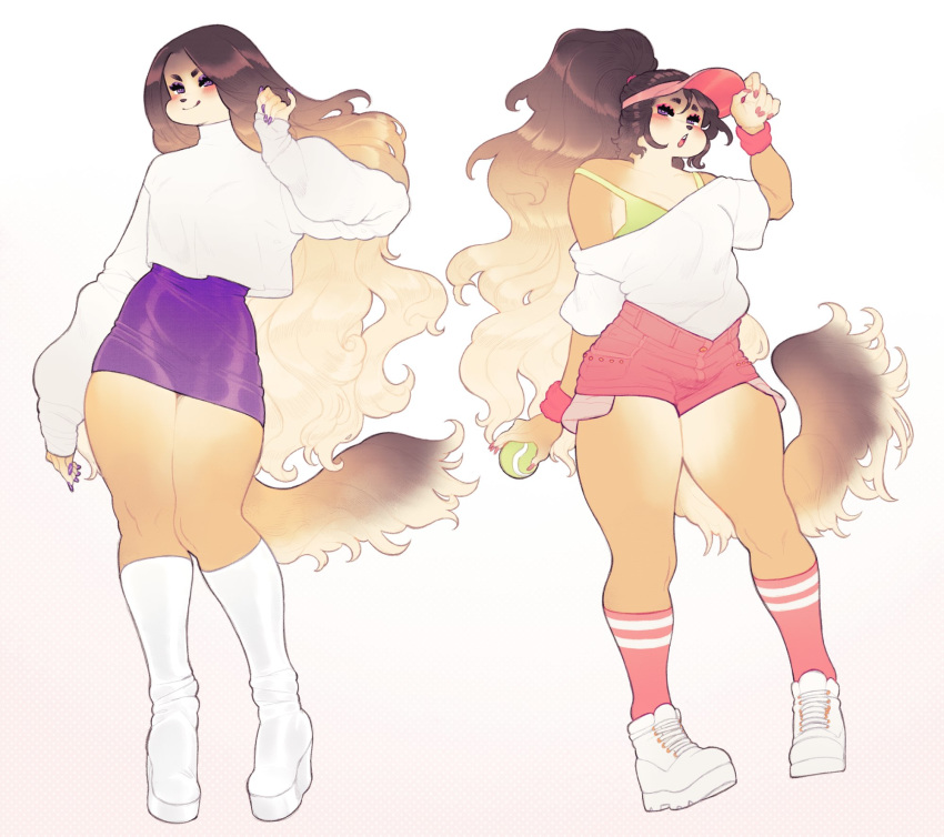 anthro ball blue_eyes blush bottomwear brown_body canid canine canis clothed clothing coffuu crossdressing domestic_dog fluffy fluffy_tail footwear girly hair hat headgear headwear hi_res long_hair long_socks looking_at_viewer male male_(lore) mammal shorts simple_background skirt socks solo tennis_ball white_background
