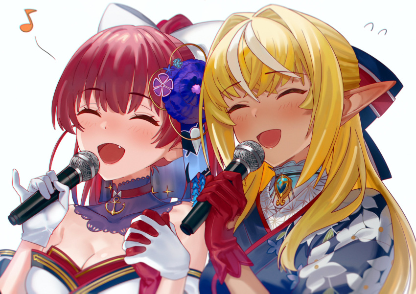 2girls anchor_choker blonde_hair blue_kimono blush bow breasts choker cleavage closed_eyes commentary dark_skin ear_blush eyebrows_visible_through_hair floral_print flower gloves hair_bow hair_flower hair_ornament highres holding holding_hands holding_microphone hololive houshou_marine interlocked_fingers japanese_clothes jewelry kimono long_hair medium_breasts microphone multicolored_hair multiple_girls music musical_note off-shoulder_kimono official_alternate_costume open_mouth pendant pointy_ears ponytail red_choker red_gloves red_hair shiranui_flare side-by-side simple_background singing smile streaked_hair sweatdrop symbol_commentary two-tone_hair upper_body virtual_youtuber white_background white_gloves white_hair white_kimono yomosaka