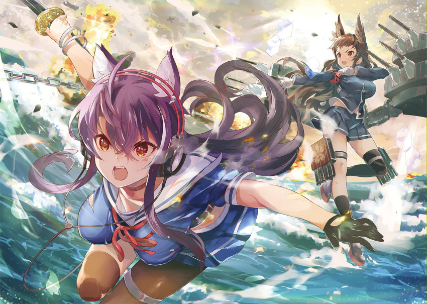 2girls animal_ear_fluff animal_ears armband artillery artist_request ashigara_(azur_lane) asymmetrical_legwear azur_lane black_gloves blouse blue_blouse blue_skirt breasts brown_hair chain choker explosion gloves hair_between_eyes headphones holding holding_sword holding_weapon katana large_breasts leg_up long_hair long_sleeves midriff_peek miniskirt multiple_girls myoukou_(azur_lane) open_mouth pleated_skirt purple_hair red_armband red_choker red_eyes rudder_footwear sailor_collar sakura_empire_(emblem) school_uniform shirt short_sleeves single_sock single_thighhigh skirt socks sword thigh_strap thighhighs torpedo_tubes turret walking walking_on_liquid water waves weapon white_gloves white_sailor_collar white_shirt wing_ears wolf_ears