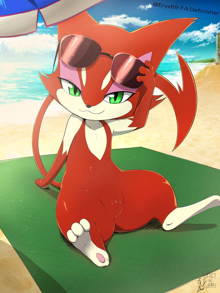 3:4 absurd_res beach beach_towel beach_umbrella cloud detailed_background eryz eyewear felid female feral fur genitals green_eyes hi_res lara_(mozu) looking_at_viewer mammal nintendo outside paws pok&eacute;mon pok&eacute;mon_(species) purrloin pussy red_body red_fur sand sea seaside sitting sky smile solo spread_legs spreading sunglasses video_games water