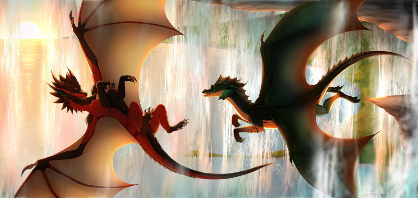2020 ambiguous_gender blue_eyes claws day detailed_background digital_media_(artwork) dragon duo feral hi_res horn membrane_(anatomy) membranous_wings outside scales scalie sky spines western_dragon wings wrappedvi