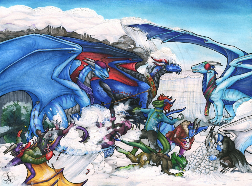 2020 ambiguous_gender anthro claws clothed clothing day detailed_background dragon feral green_hair group hair horn male membrane_(anatomy) membranous_wings natoli outside scales scalie sky snow spines standing traditional_media_(artwork) western_dragon wings