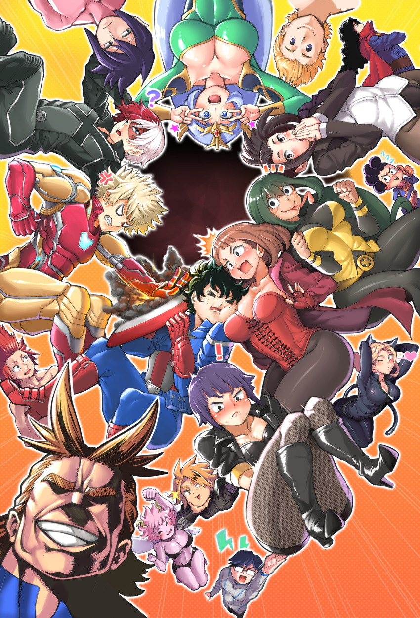 6+boys 6+girls absurdres all_might anger_vein armor blonde_hair blush boku_no_hero_academia captain_america captain_america_(cosplay) cosplay highres huge_filesize iron_man iron_man_(cosplay) long_hair marvel multiple_boys multiple_girls shield short_hair yaobin_yang