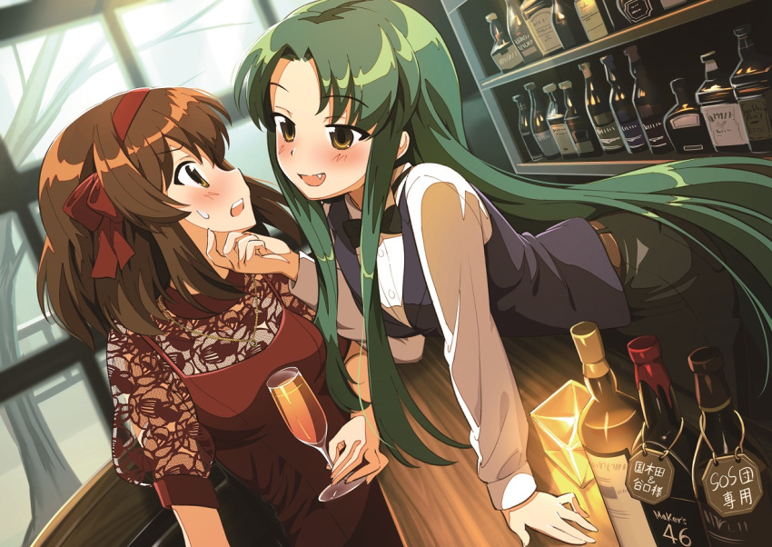 2girls :d alcohol alternate_costume arm_support bangs bar bartender belt bent_over black_bow black_neckwear black_pants black_vest blush bottle bow bowtie breasts brown_eyes brown_hair commentary_request counter cup dress dress_shirt drink drinking_glass dutch_angle eye_contact eyebrows_visible_through_hair fang formal green_hair hair_ribbon hairband hand_on_another's_chin holding holding_cup hotaru_iori indoors liquor long_hair long_sleeves looking_at_another multiple_girls open_mouth pants red_dress red_hairband red_ribbon ribbon see-through shirt short_hair short_sleeves smile standing suzumiya_haruhi suzumiya_haruhi_no_yuuutsu sweatdrop tsuruya upper_teeth very_long_hair vest white_shirt window yuri