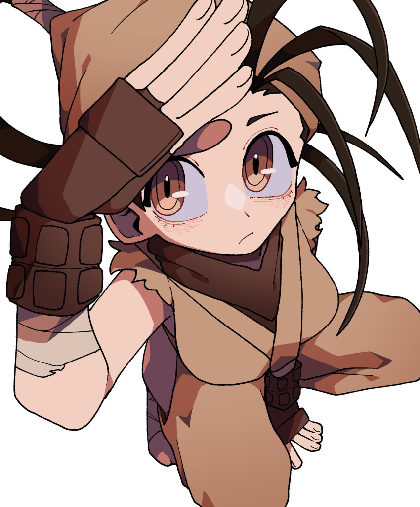 1girl :/ arm_support arm_up bandaged_feet bandana between_legs blush breasts brown_eyes brown_gloves brown_hair closed_mouth clothing_cutout commentary ehfhfh_3712 english_commentary face fingerless_gloves from_above gloves hand_between_legs highres japanese_clothes long_hair looking_at_viewer looking_up medium_breasts ninja side_cutout simple_background solo squatting street_fighter thigh_cutout torn_clothes torn_sleeves white_background