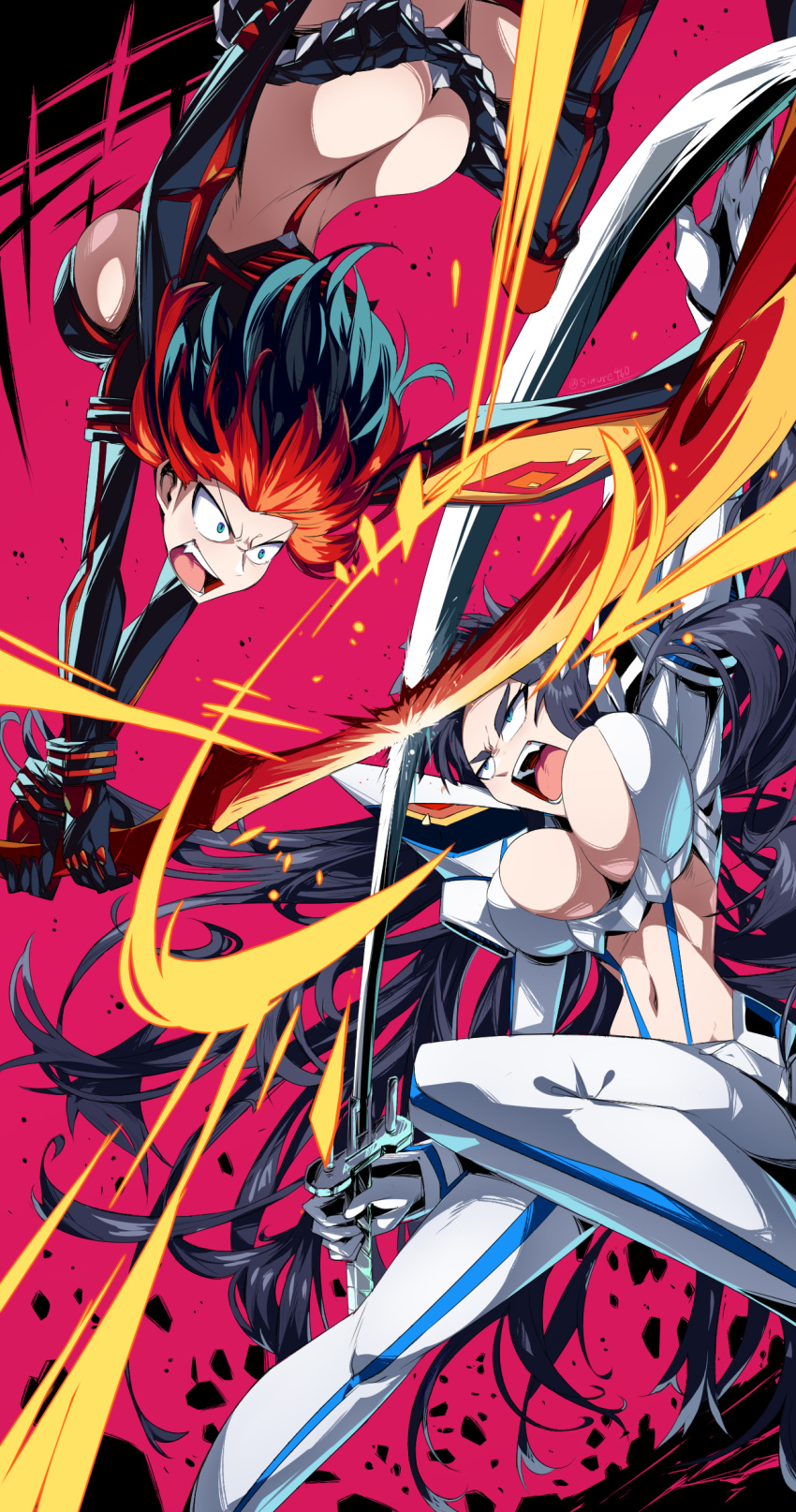 2girls action ass bakuzan black_hair blue_eyes boots breasts butt_crack cleavage constricted_pupils fang fighting highres junketsu katana kill_la_kill kiryuuin_satsuki large_breasts living_clothes matoi_ryuuko midriff multicolored_hair multiple_girls navel open_mouth red_hair revealing_clothes scissor_blade senketsu shimure_(460) short_hair shouting sideboob skin_tight suspenders sword sword_clash thigh_boots thighhighs two-tone_hair underboob upside-down weapon