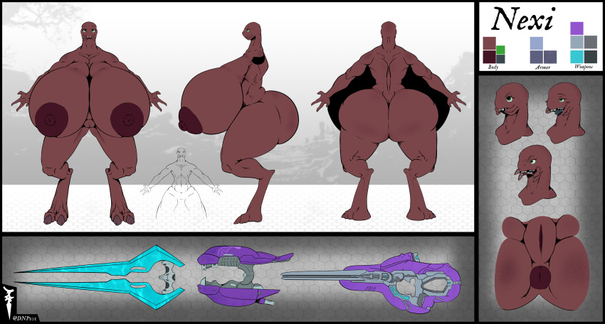 absurd_res alien anthro anus big_breasts breasts butt curiousgarchomp dnp101 english_text female genitals halo halo_(series) hi_res huge_breasts humanoid hyper melee_weapon microsoft nexi nipples pussy red_body red_skin sangheili sword text thick_thighs video_games weapon xbox_game_studios