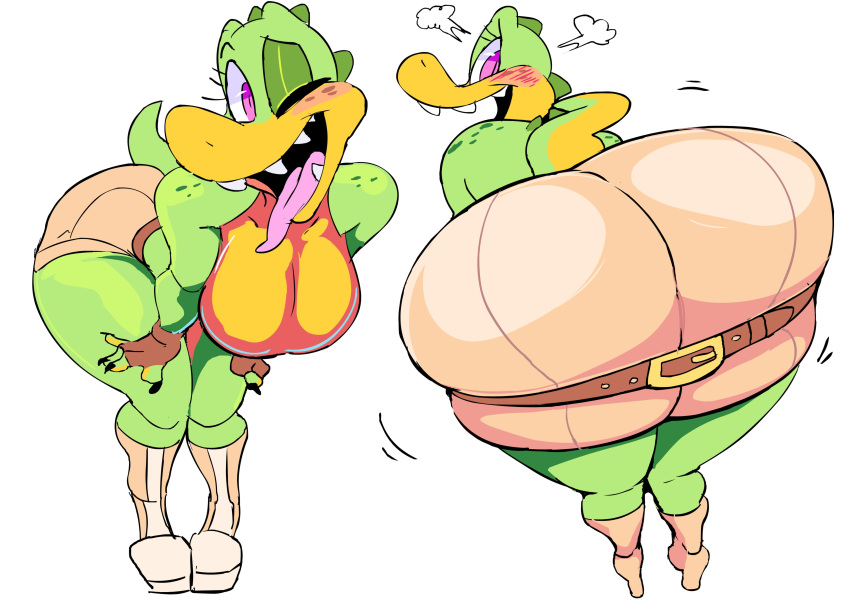 absurd_res anthro belt big_butt blush boots bottomwear breasts butt clothing crocodilian featureless_breasts female footwear hi_res non-mammal_breasts reptile scalie shorts solo sydney_swamp_(vimhomeless) tongue tongue_out vimhomeless