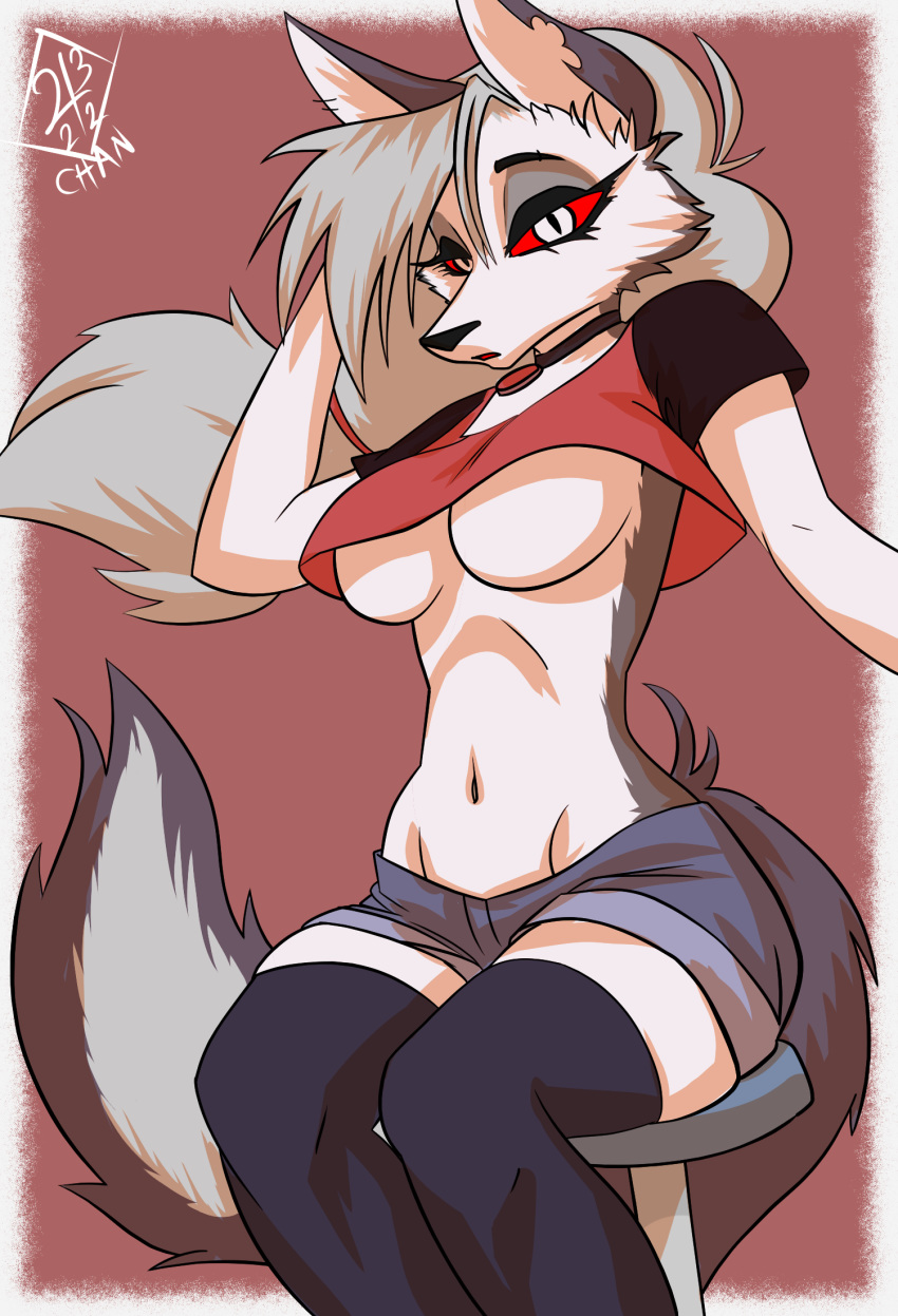 4322chan belly breasts canid canine canis clothed clothing female flat_colors helluva_boss hi_res looking_at_viewer loona_(vivzmind) mammal navel simple_background solo under_boob wolf