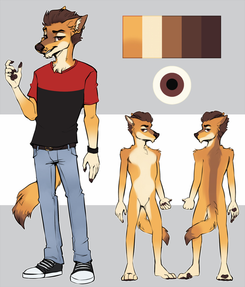 anthro brown_eyes brown_hair canid canine canis coyote ear_piercing fur geoff_grimm hair hi_res ikazu male mammal mohawk orange_body orange_fur piercing punk reference_image solo