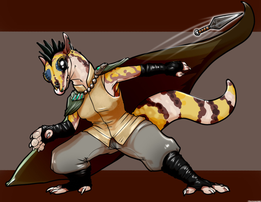 anthro breasts clothed clothing danji-isthmus female gecko kobold kunai lizard marbled_gecko non-mammal_breasts reptile scalie solo weapon