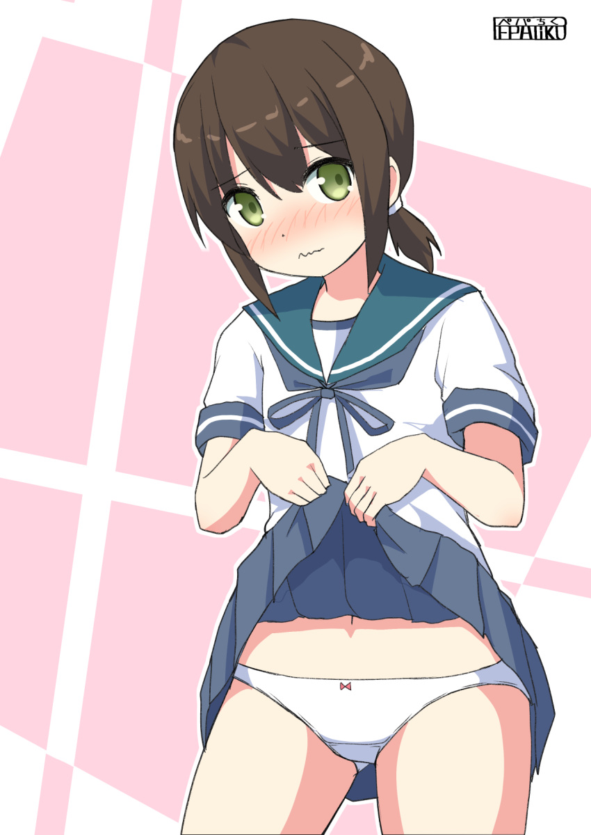 1girl artist_name ass_visible_through_thighs bangs blouse blue_neckwear blue_sailor_collar blue_skirt blush bow bow_panties brown_hair closed_mouth cowboy_shot crotch_seam eyebrows_visible_through_hair frown fubuki_(kantai_collection) green_eyes hair_tie highres kantai_collection lifted_by_self looking_at_viewer medium_hair miniskirt navel neckerchief outline panties pepatiku pleated_skirt sailor_collar school_uniform serafuku short_ponytail short_sleeves signature skirt skirt_lift solo standing underwear wavy_mouth white_blouse white_outline white_panties