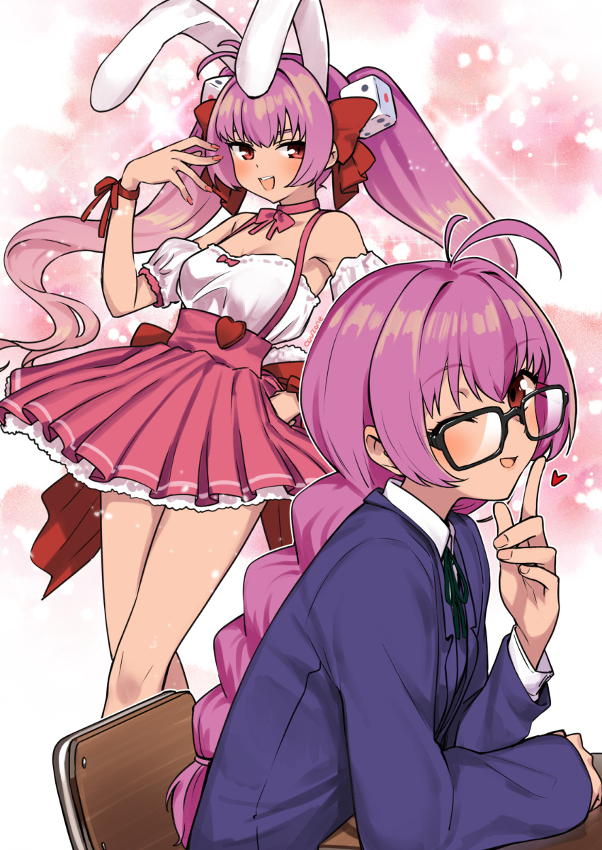 1girl :d ;d animal_ears bare_shoulders black-framed_eyewear bunny_ears choker commission couzone di_gi_charat dice_hair_ornament from_side glasses hair_ornament hair_ribbon highres long_hair looking_at_viewer multiple_views one_eye_closed open_mouth pink_choker pink_eyes pink_hair red_eyes red_ribbon ribbon sitting skeb_commission smile twintails usada_hikaru very_long_hair