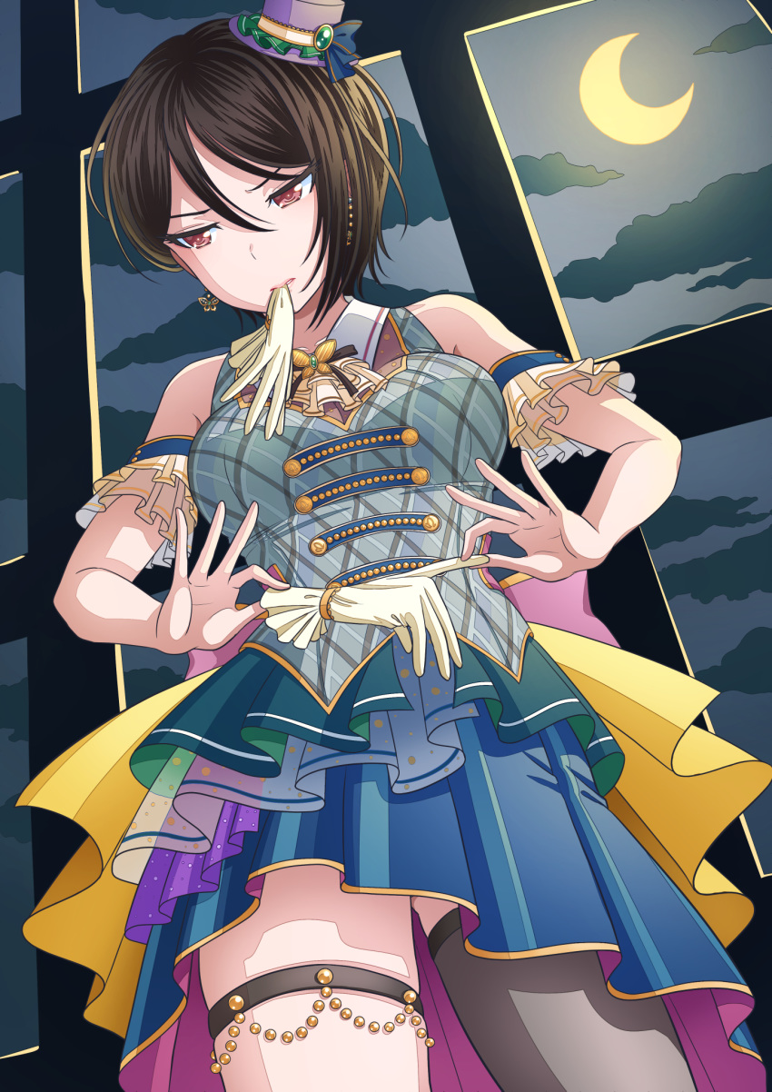 1girl arm_cuffs ass_visible_through_thighs asymmetrical_hair bang_dream! bangs bare_shoulders black_hair black_legwear blue_skirt breasts cloud collared_shirt commentary_request cowboy_shot crescent_moon earrings eyebrows_behind_hair frills gloves gloves_removed hair_between_eyes hat highres holding holding_clothes holding_gloves indoors jewelry kitayu large_breasts layered_skirt looking_away mini_hat moon mouth_hold night night_sky pink_eyes plaid plaid_shirt shirt short_hair single_sidelock single_thighhigh skirt sky sleeveless sleeveless_shirt solo standing thigh_strap thighhighs yashio_rui