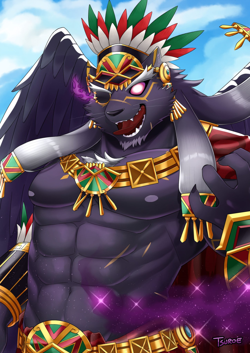 abs angry anthro black_wings blue_sky chuurow claws clothed clothing cloud eye_patch eyewear felid gold_(metal) gold_jewelry headgear headwear hi_res jewelry male mammal muscular muscular_anthro muscular_male nipples open_mouth pantherine pecs scar sky solo teeth tezcatlipoca tokyo_afterschool_summoners tongue tongue_out video_games wings