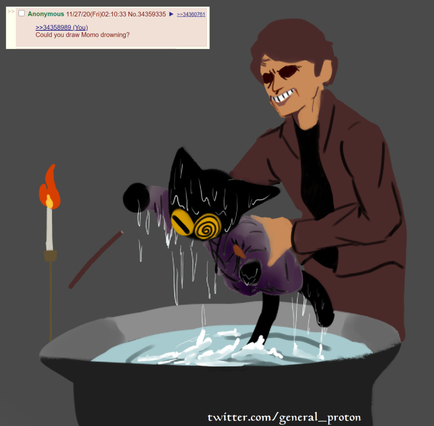4chan anthro asphyxiation baptism candle clothing domestic_cat dripping drowning duo evil_grin felid feline felis female general_proton google google_doodle grin hair hi_res holding_another human jacket magic_cat_academy male male/female mammal momo_(google) robe shadowed_eyes shirt smile spiral_eyes text the_big_lebowski todd_howard topwear torture undershirt url wand water wet wet_clothing