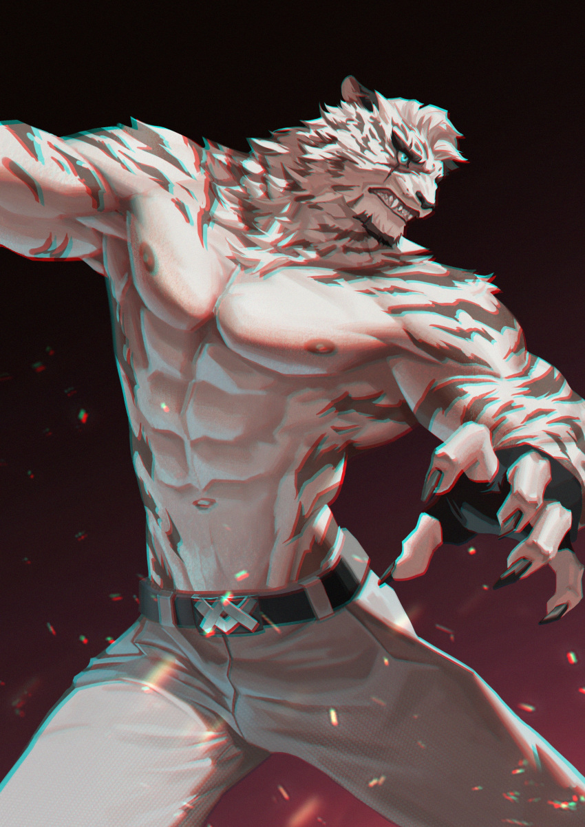 abs absurd_res arknights belt blue_eyes claws clothed clothing english_text felid fingerless_gloves fur gloves hair handwear hi_res male mammal mountain_(arknights) muscular muscular_male nipples pantherine pecs scar sharp_teeth solo striped_body striped_fur stripes teeth text tiger topless unknown_artist white_body white_fur